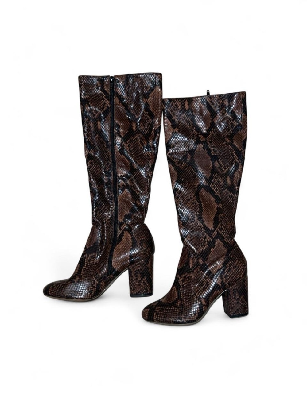 Brown and Black Snakeskin Mid Calf Boots